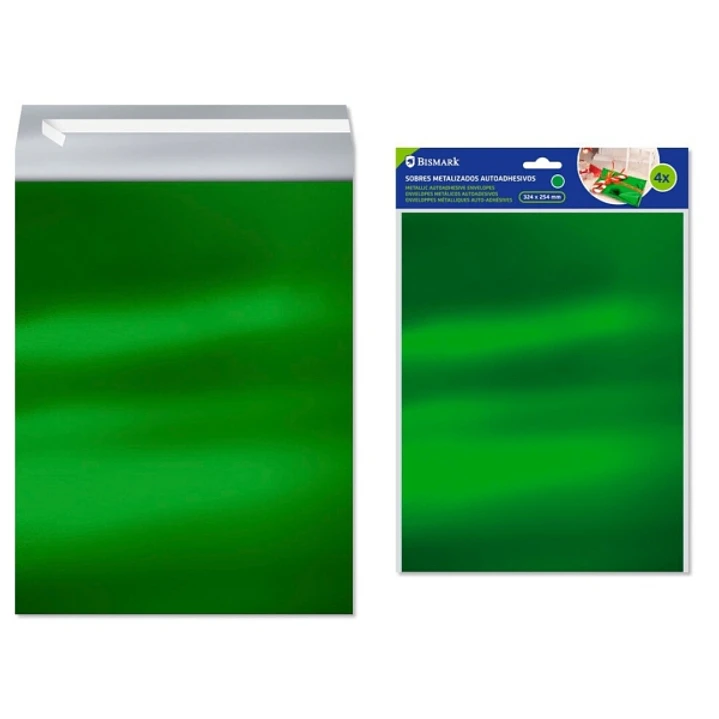 Bismark Pack de 4 Sobres Metalizados - Medidas 324x254mm - Cierre Autoadhesivo - Ideal para Regalos - Color Verde Metalizado 1