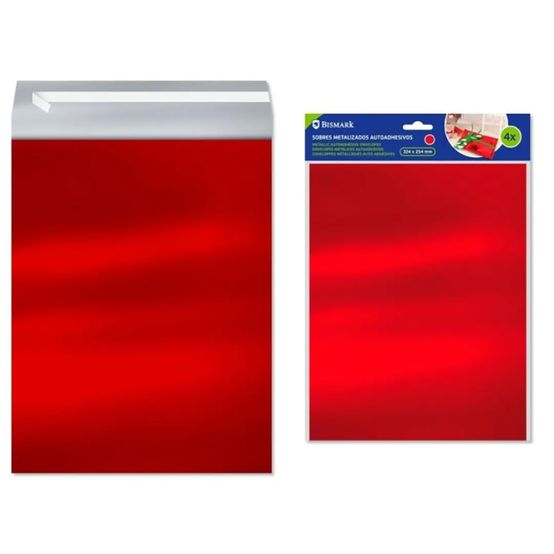 Bismark Pack de 4 Sobres Metalizados - Medidas 324x254mm - Cierre Autoadhesivo - Ideal para Regalos - Color Rojo Metalizado 1