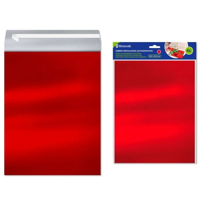 Bismark Pack de 4 Sobres Metalizados - Medidas 324x254mm - Cierre Autoadhesivo - Ideal para Regalos - Color Rojo Metalizado 1