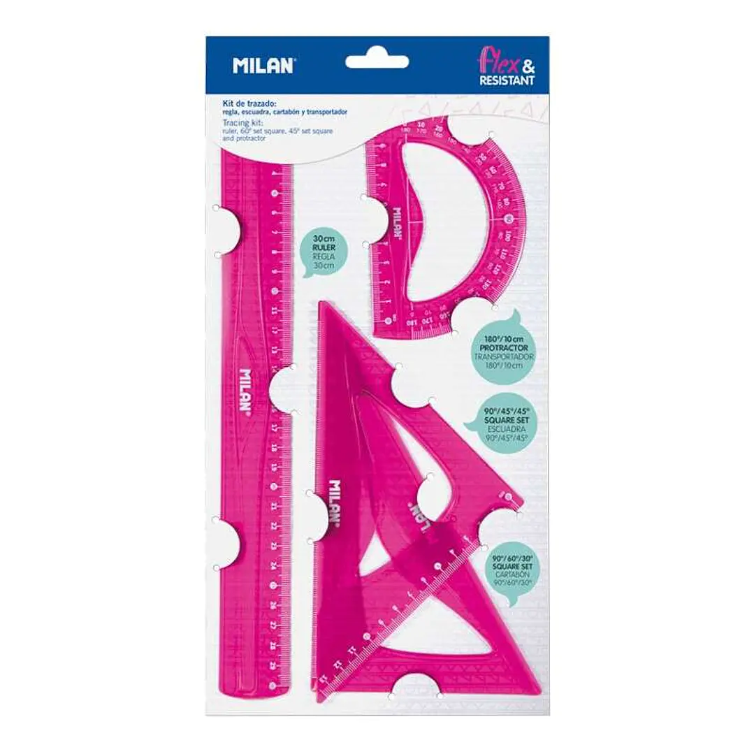 Milan Pack de 4 Reglas Flexibles y Resistentes - Regla, Escuadra, Cartabon y Transportador - Color Rosa 1