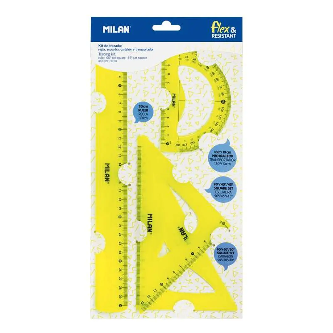 Milan Pack de 4 Reglas Flexibles y Resistentes - Regla, Escuadra, Cartabon y Transportador - Color Amarillo 1