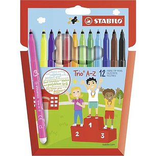 Stabilo Trio A-Z Pack con 12 Rotuladores de Punta Fina de Fibra - Trazo 0.7mm - Tinta Super Lavable - Forma Triangular - Colores Surtidos