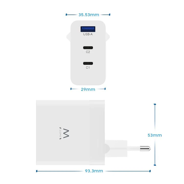 EWENT Cargador carga rapido 65w usb-c y usb-a 3