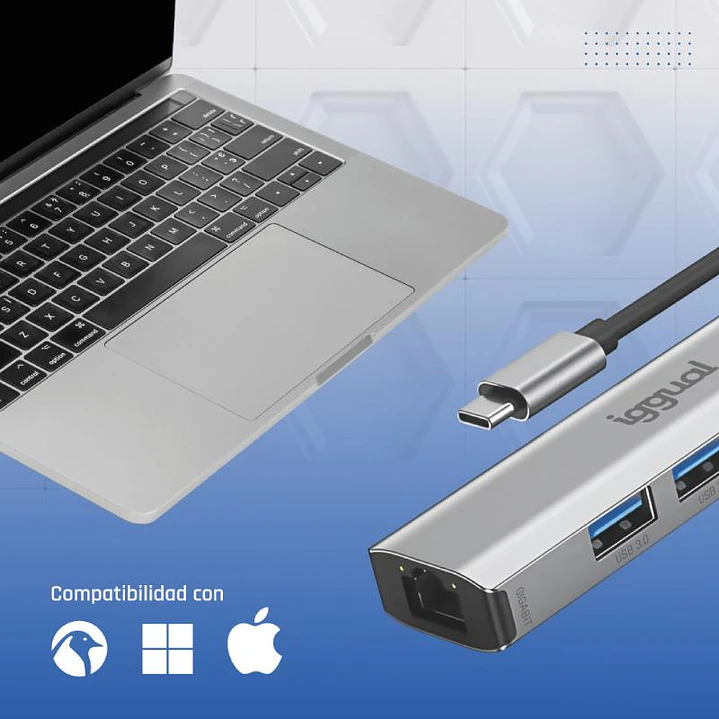 iggual Hub tipo C 5 puertos 3xUSB + RJ45 + tipo C 4