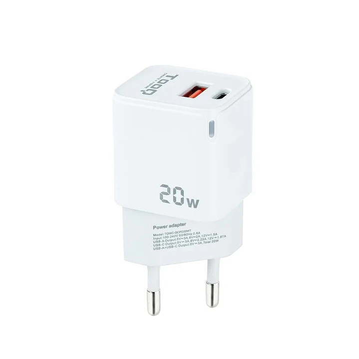 Tooq Cargador pared USB-C/PD+USB-A/QC 20W 1