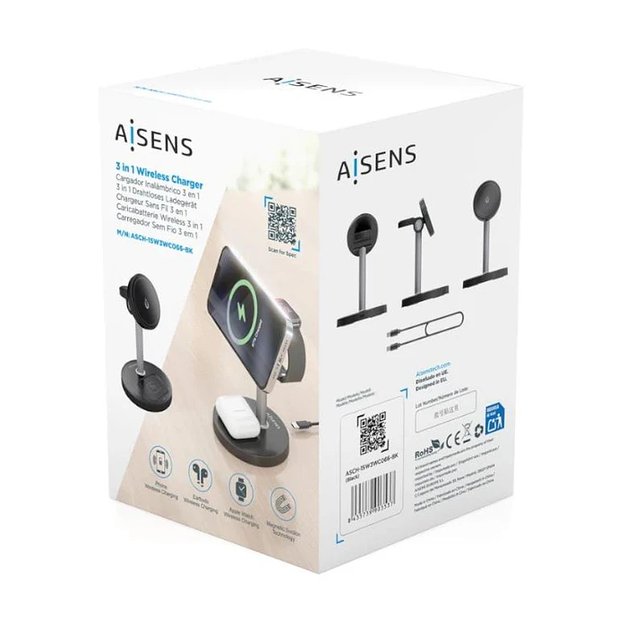 Aisens Cargador Inalámbrico USBC 15W 3 en 1 Negro 3