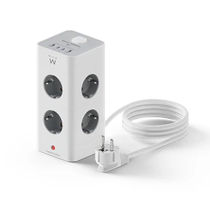 Ewent Regleta con 12 Tomas de Sobremesa - 8x Schuko 16A - 2x USB-A - 2x USB-C - Interruptor On/Off - Proteccion Infantil - Forma de Torre - Cable de 2
