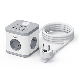 Ewent Regleta con 6 Tomas de Sobremesa - 3x Schuko 16A - 2x USB-A - 2x USB-C - Proteccion Infantil - Interruptor On/Off - Forma de Cubo - Cable de 1.5