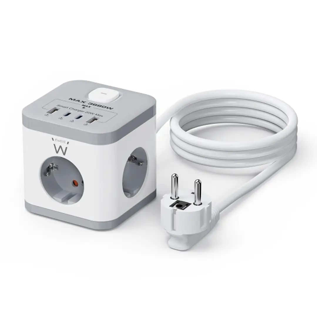 Ewent Regleta con 6 Tomas de Sobremesa - 3x Schuko 16A - 2x USB-A - 2x USB-C - Proteccion Infantil - Interruptor On/Off - Forma de Cubo - Cable de 1.5 1