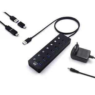 Ewent Hub USB 7 en 1 - Alimentacion Externa - Interruptores Individuales - Incluye Adaptador USB-C - Cable de 1.2m - Color Negro