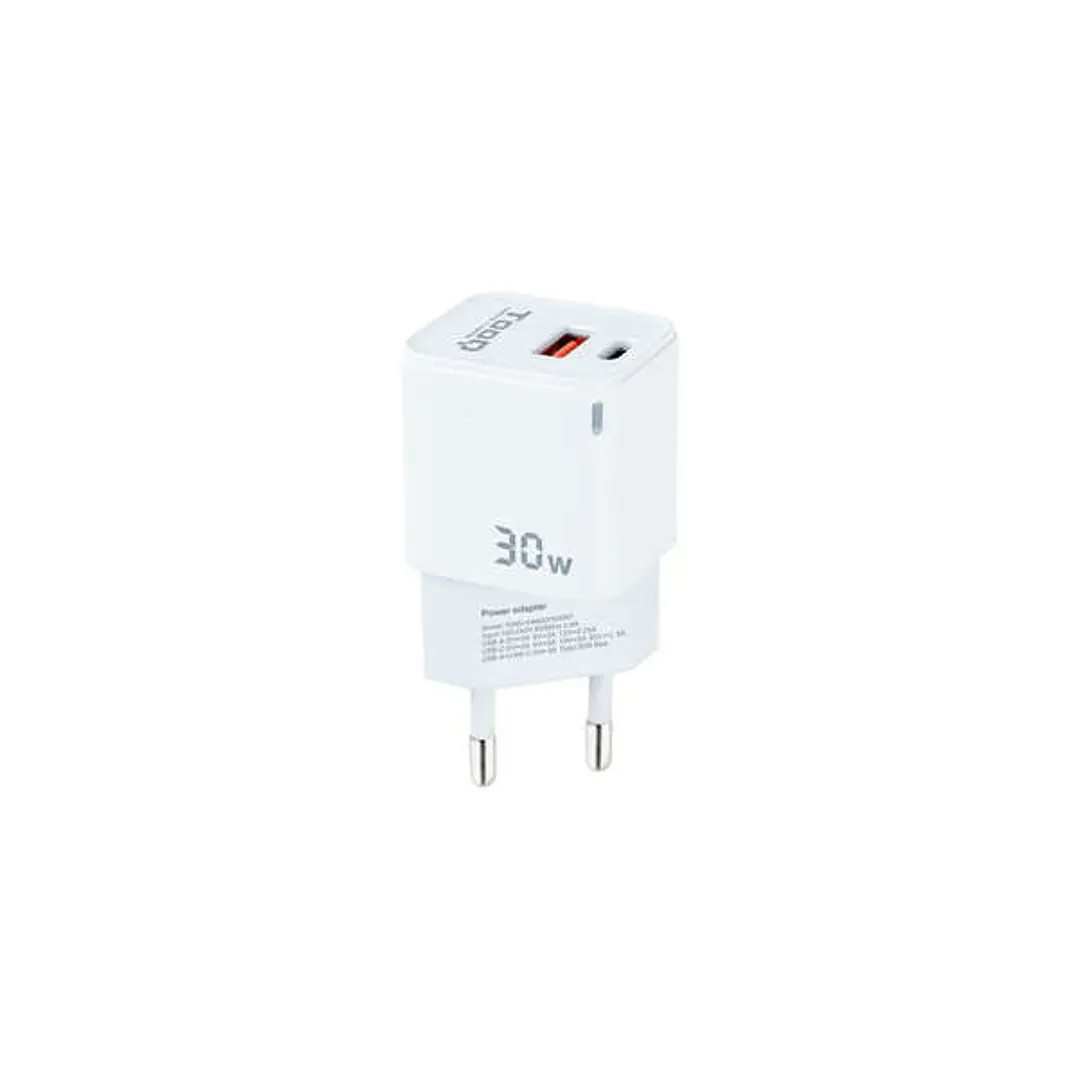 Tooq Cargador de Pared GaN USB-C/PD + USB-A/QC 30W - Color Blanco 1