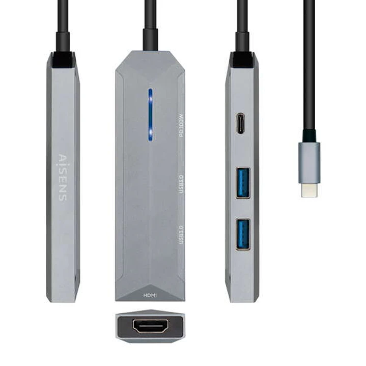 Aisens USB-C Dock 4 en 1 - USB-C a 1xHDMI - 2xUSB - 1xPD - 15cm - Color Gris 1