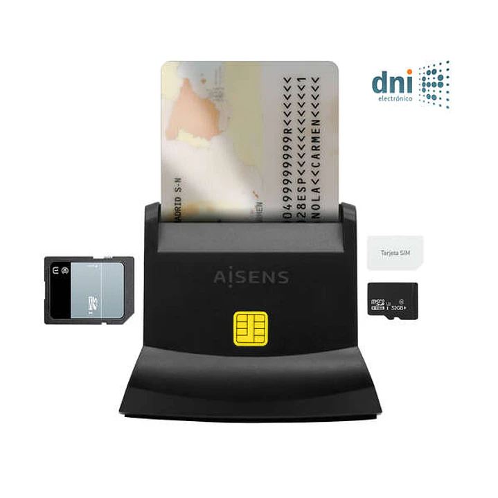 Aisens Lector de Tarjeta Inteligente DNI USB-C con Lector de Tarjetas SIM, SD, Micro SD, MMC, RS-MMC, MMC Micro - Color Negro 1