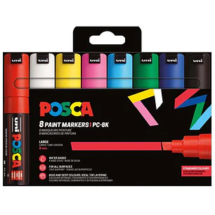 Posca PC-8K/8C Estuche de 8 Marcadores de Pintura - Punta Biselada Acrilica 8mm - Tinta Base al Agua - Resistente a la Luz - Color Surtido