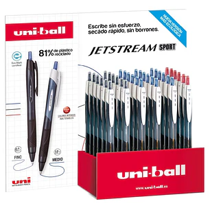 Uni-ball JetStream Sport SXN-150E Expositor con 36 Boligrafos de Tinta Pigmentada - Punta de Bola 1mm - Retractil - Secado Instantaneo - Ideal para Zu
