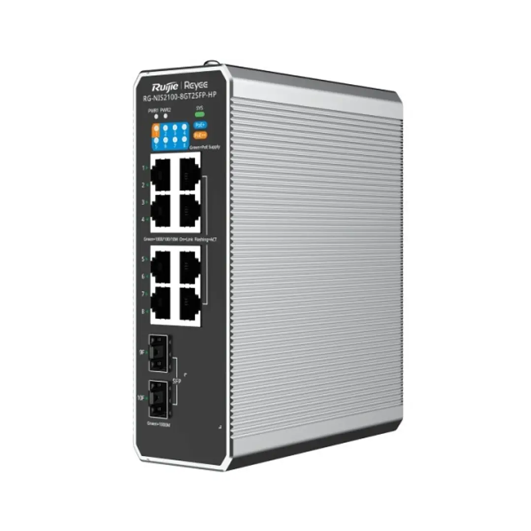 Ruijie RG-NIS2100-8GT2SFP-HP Switch Industrial - 8 Puertos Ethernet hasta 1Gbps - 2x SFP 1Gbps - PoE+/PoE++ - Gestionado en la Nube - Color Negro y Gr 1