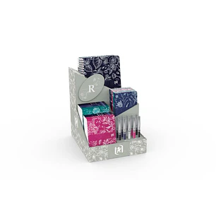 Oxford Romance Expositor con 10 Blocs Grapados A6, 10 Libreta Grapadas A6, 5 Cuadernos Espiral A5 y 10 Boligrafos