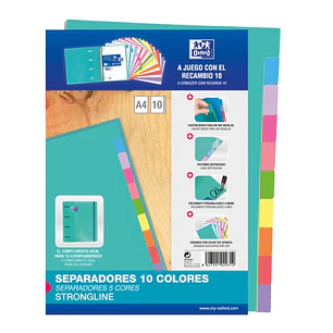 Oxford Strongline A4 Separadores - 10 Posiciones de Diferentes Colores - 4 Taladros - Cartulina 200gr