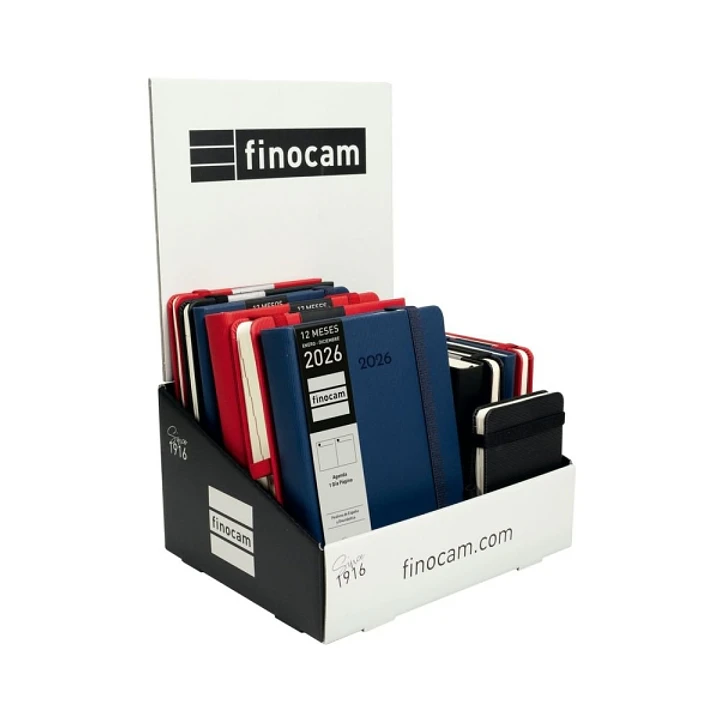 Finocam Minimal Textura Expositor con 12 Agendas Surtidas - Anual 2026 - Tapa Dura - Cierre con Goma Elastica - Color Surtidos 1