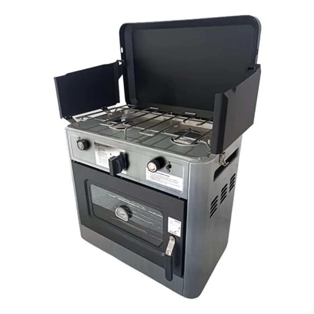 Muvip Cocina de Gas con 2 Fuegos - Tapa Protectora - Horno de 15 Litros - Sistema de Seguridad - Pantalla Paraviento - 49x34x45.5cm - Color Acero 1
