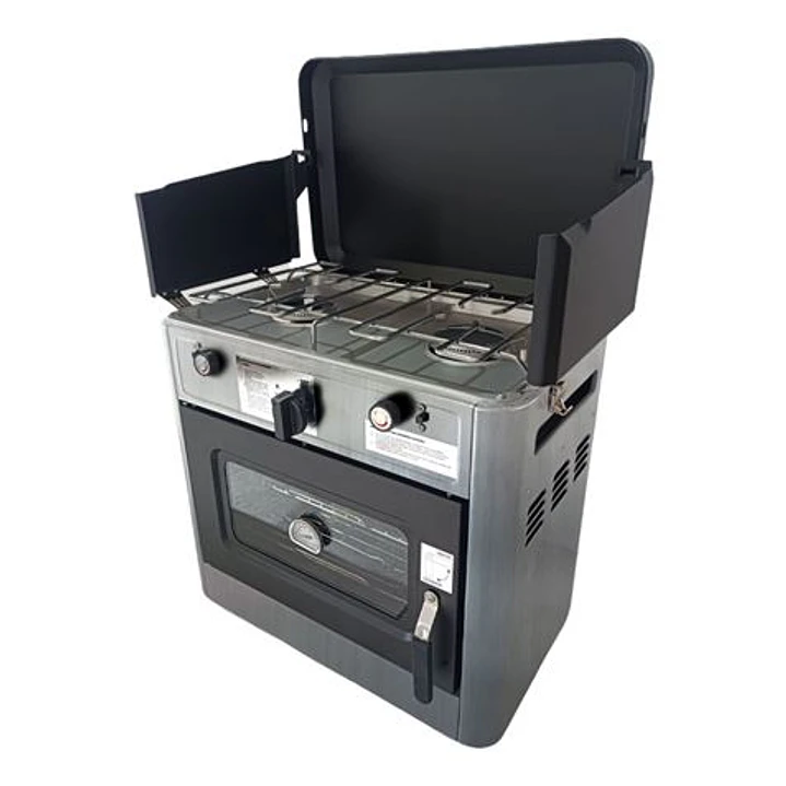 Muvip Cocina de Gas con 2 Fuegos - Tapa Protectora - Horno de 15 Litros - Sistema de Seguridad - Pantalla Paraviento - 49x34x45.5cm - Color Acero 1