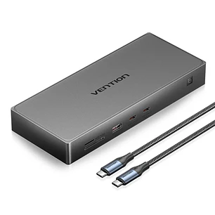 Vention Estacion de Docking 10 en 1 - 100W - Cable 0.5m - Ethernet RJ45 - HDMI 4K - Displayport - 5xUSB-C - USB-A - Tarjeta TF - SD - Power Delivery -