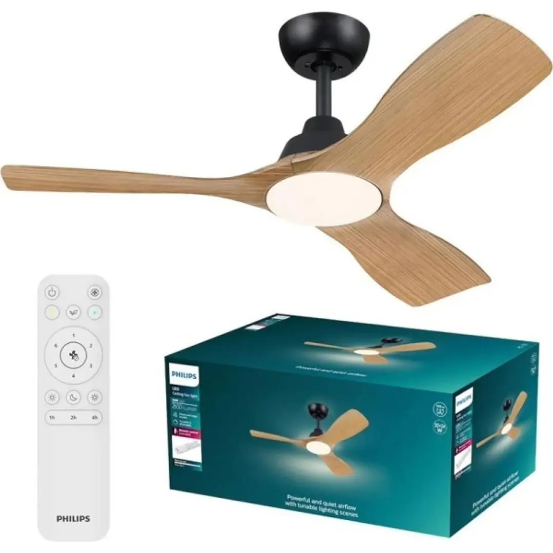 Philips Olas Fan Ceiling Ventilador de Techo con Luz LED Hasta 6500K - Aspas Fijas - 30W Ventilador + 24W Luz - Mando a Distancia - Color Negro/Madera 1