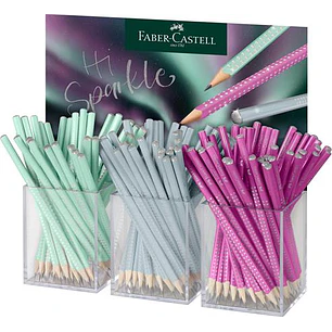 Faber-Castell Sparkle Aurora Expositor con 144 Lapices Triangulares de Grafito B - Mina Resistente a la Rotura - Con Cabelilla Plateada - Colores del 