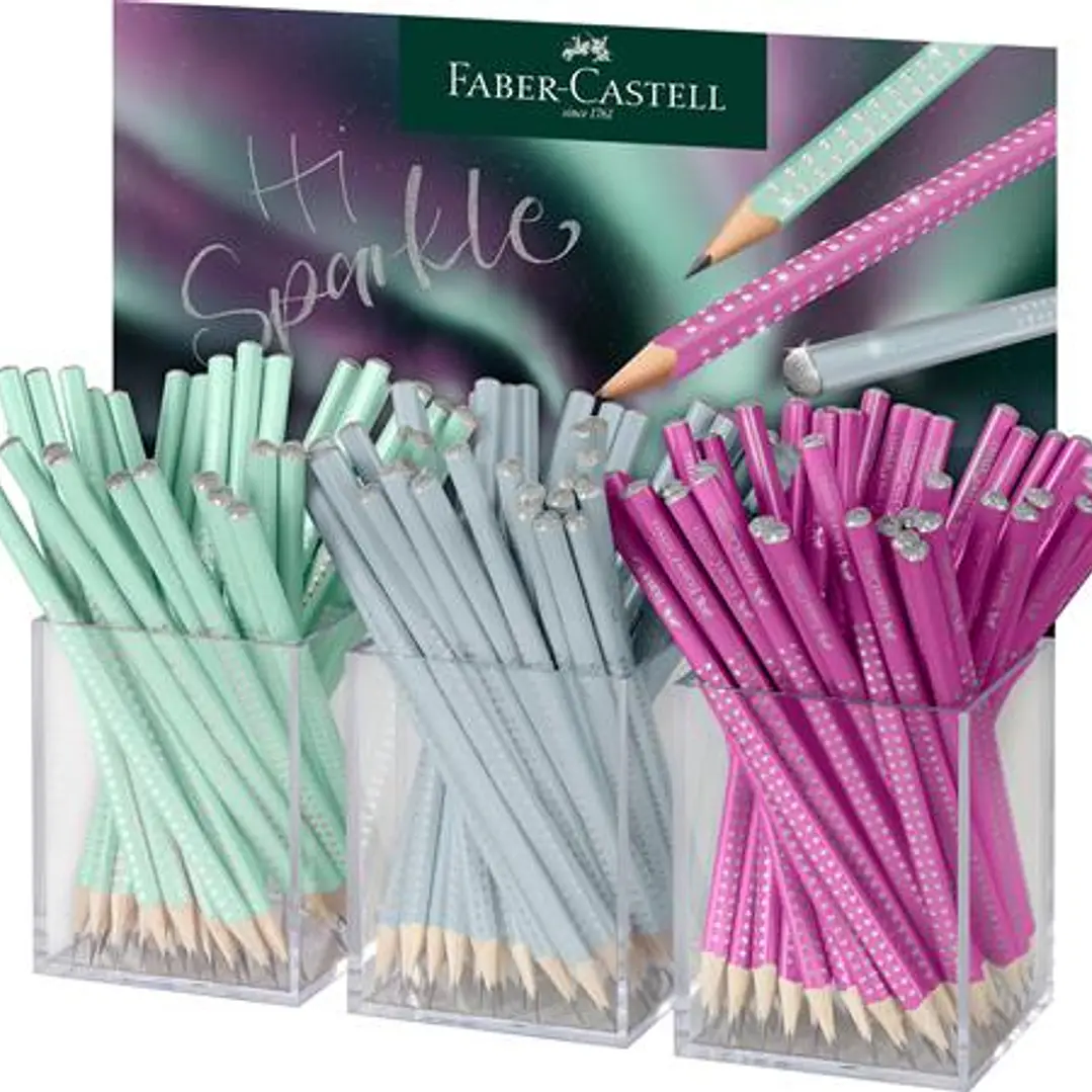 Faber-Castell Sparkle Aurora Expositor con 144 Lapices Triangulares de Grafito B - Mina Resistente a la Rotura - Con Cabelilla Plateada - Colores del  1