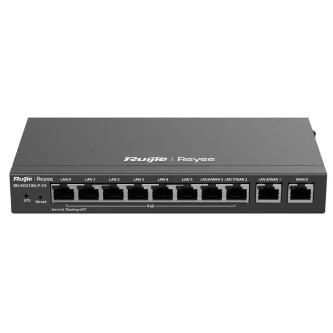 Ruijie RG-EG210G-P-V3 Router Gestionado - 10 Puertos - 8x PoE 110W - Soporta hasta 4 Enlaces WAN - 600Mbps - Capacidad hasta 200 Usuarios - Gestion en 1