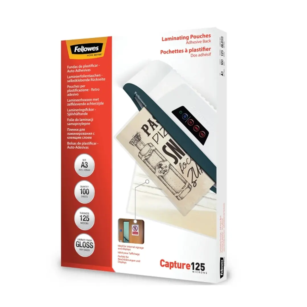 Fellowes Pack de 100 Fundas para Plastificar - Formato A3 - Reverso Adhesivo - Efecto Brillo - 125 micras - Transparente 1