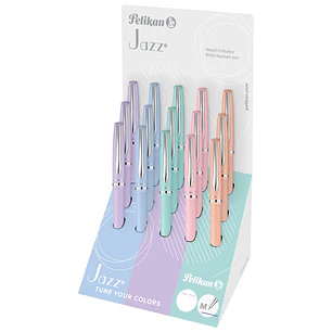 Pelikan Jazz Expositor con 15 Boligrafos Retractiles - Trazo de 1mm - Mecanismo de Giro - Recambio 337M Azul - Colores Pastel Surtidos