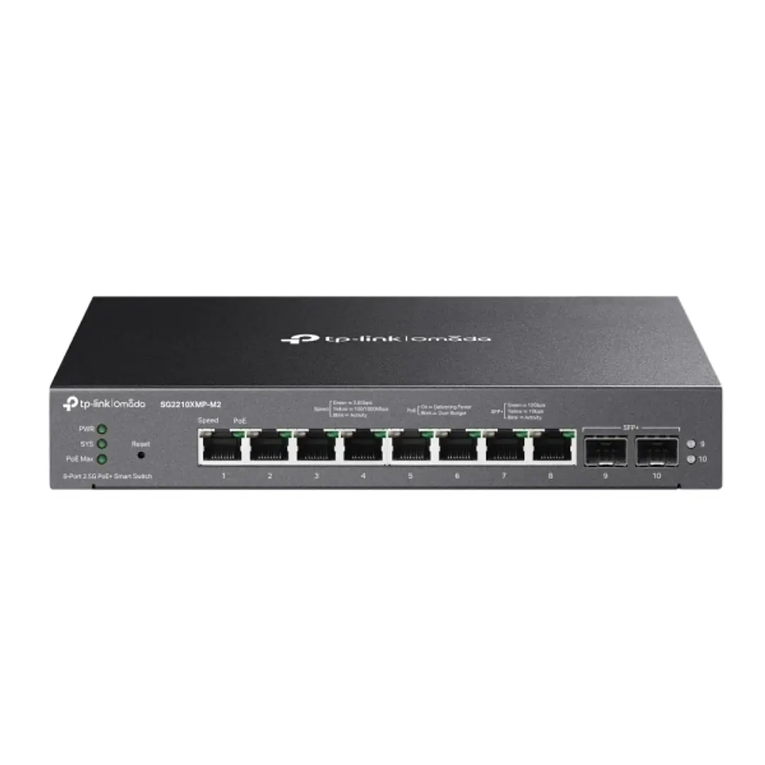 TP-Link Omada SG2210XMP-M2 Switch 10 Puertos - Gestionado - 8xRJ45 PoE+ 2.5Gbps - 2xSFP 10Gbps - Soporta QOS - Conmutacion hasta 80Gbps - Color Negro 1