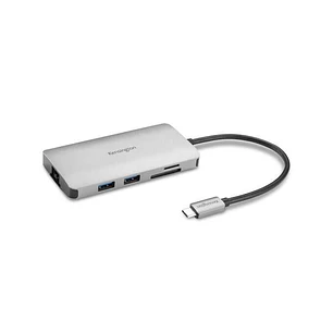 Kensington Hub 8 en 1 Conexion USB-C - Puertos: 3x USB 3.2, 1x USB-C PD hasta 85W, 1x HDMI 2.0, Lector SD y MicroSD - Color Plata