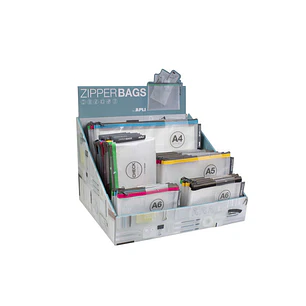Apli Expositor de Zipper Bags - 80 Unidades en 4 Medidas Surtidas - 5 Colores Resistentes - Goma Eva Transparente de Alta Calidad