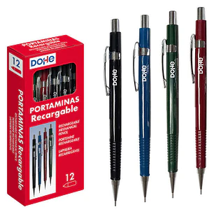 Dohe Portaminas Recargable - Cuerpo de Plastico - Zona Estriada para Agarre - Clip, Pulsador y Punta Metalica - Goma de Borrar - para Minas de 0.5mm
