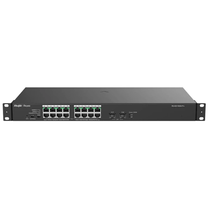 Ruijie RG-ES118GS-P-L Switch - 16 Puertos Ethernet hasta 1Gbps - 2x SFP 1Gbps - PoE/PoE+ hasta 247W - Carcasa de Acero - Color Negro 1