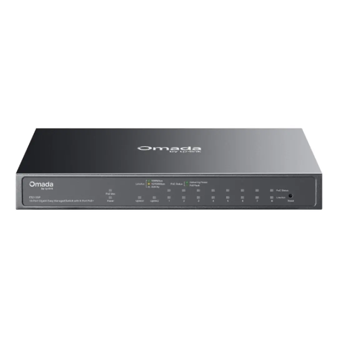 TP-Link Omada ES210GP Switch con 10 Puertos - Gestionado - 8xRJ45 PoE+ 1Gbps - 1xRJ45 1Gbps - 1xRJ45/SFP Combo - Plug and Play - Soporta QOS - Carcasa 1