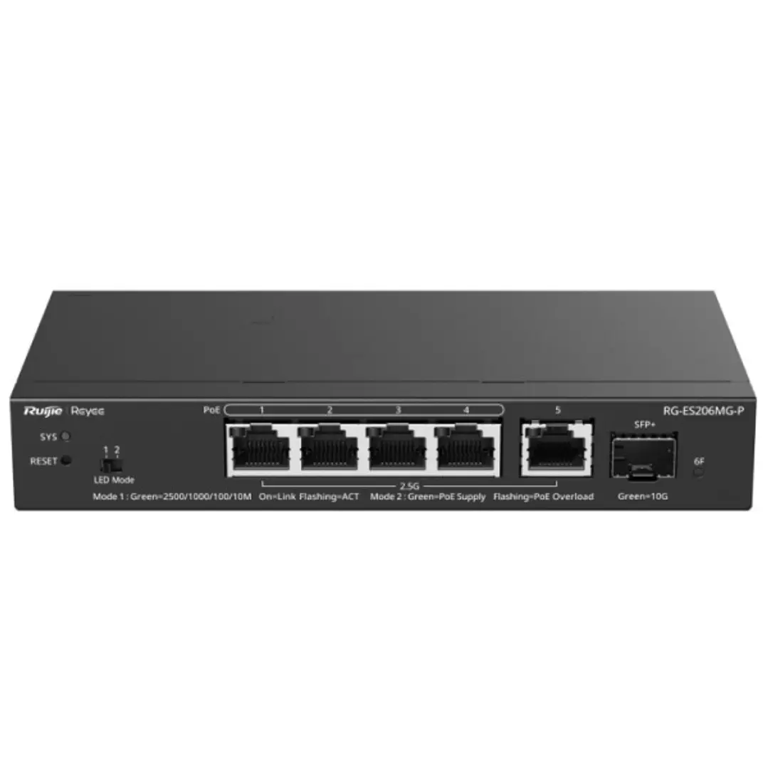 Ruijie RG-ES206MG-P Switch - 5 Puertos Ethernet hasta 2.5Gbps - 1x SFP+ hasta 10Gbps - PoE/PoE+ hasta 70W - Gestionado en la Nube - Color Negro 1