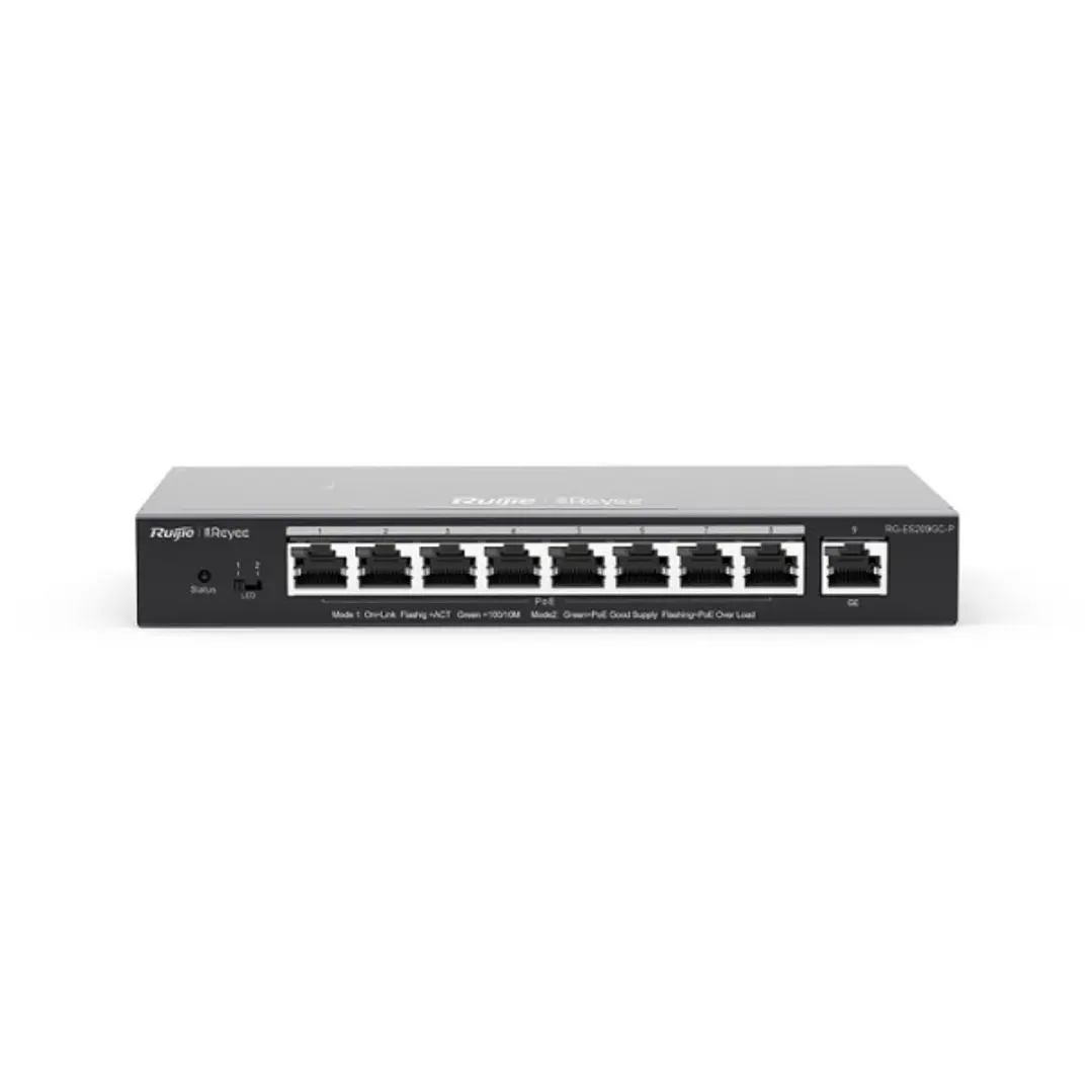 Ruijie RG-ES209GC-P Switch de Sobremesa - 9 Puertos - Velocidad hasta 1Gbps - PoE/PoE+ hasta 120W - Carcasa de Acero - Gestion Inteligente - Color Neg 1