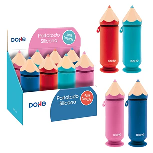 Dohe Lapiz Expositor con 8 Portatodos Simples de Silicona con Forma de Lapiz - Cierre con Cremallera y Tirador de Goma - Con Ventosa para Sujetarse en