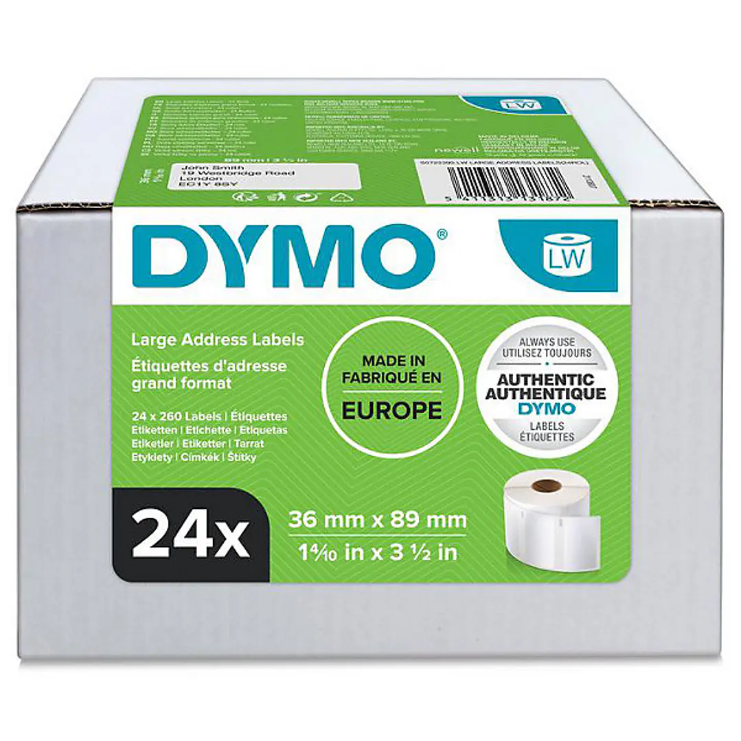 Dymo LabelWriter 13187 Multipack de 24 Rollos de Etiquetas Originales Autoadhesivas - Recomendadas para Direcciones  -Medidas 36x89mm - 500 Etiquetas  1