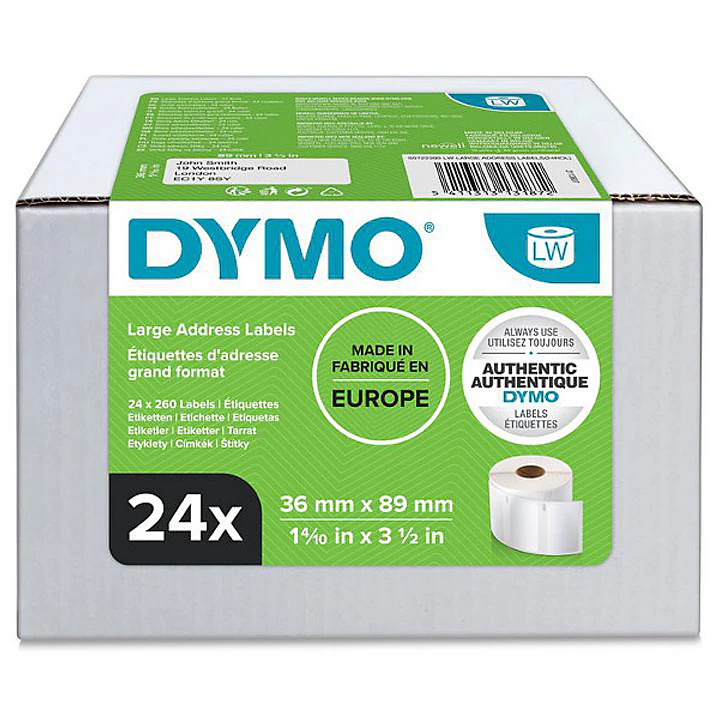 Dymo LabelWriter 13187 Multipack de 24 Rollos de Etiquetas Originales Autoadhesivas - Recomendadas para Direcciones  -Medidas 36x89mm - 500 Etiquetas  1