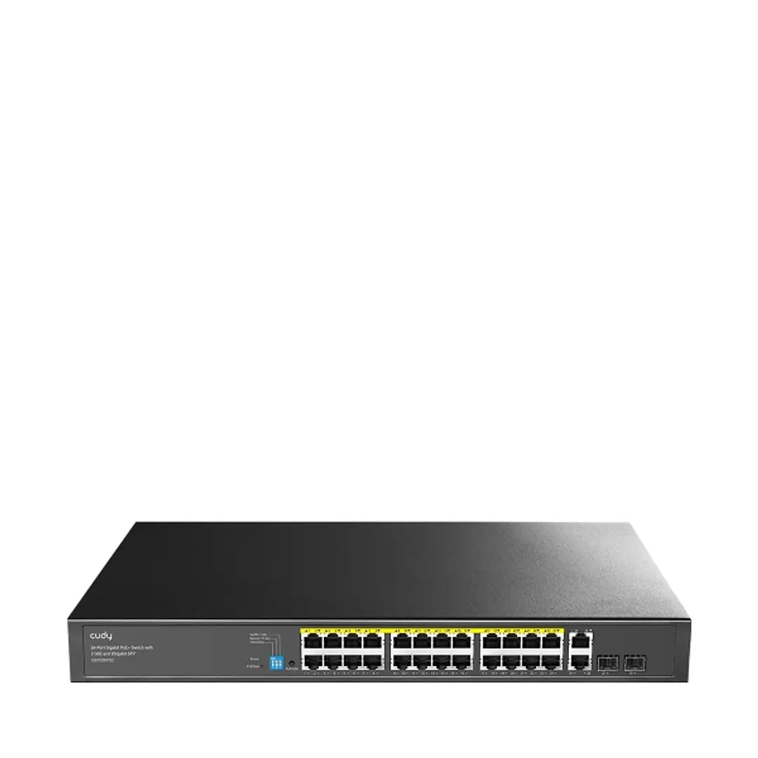 Cudy Switch 28 Puertos - Capacidad Conmutacion 56Gbps - 24x RJ45 PoE+ - 2x RJ45 GbE - 2x Gigabit SFP - Reinicio Automatico - Indicadores LED - 440x180 1