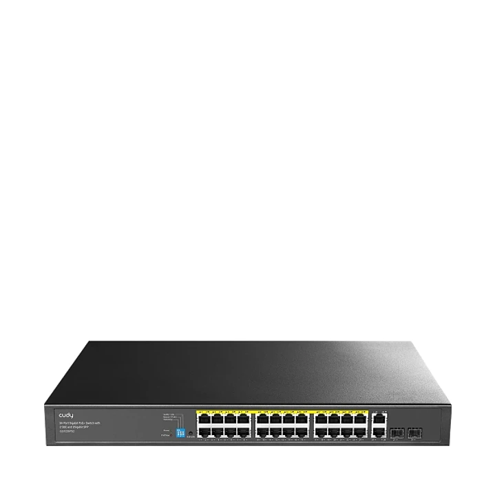 Cudy Switch 28 Puertos - Capacidad Conmutacion 56Gbps - 24x RJ45 PoE+ - 2x RJ45 GbE - 2x Gigabit SFP - Reinicio Automatico - Indicadores LED - 440x180 1