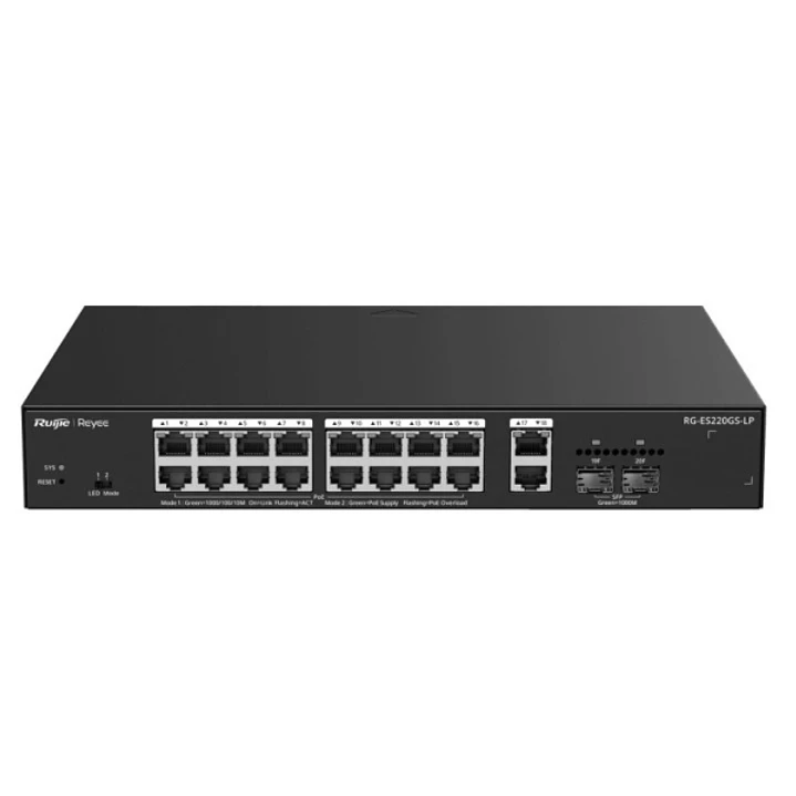 Ruijie RG-ES220GS-LP Switch - 18 Puertos Ethernet hasta 1Gbps - 2x SFP 1Gbps - PoE/PoE+ hasta 130W - Gestionado en la Nube - Color Negro 1