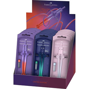 Faber-Castell Stream 2026 Flow Edition Expositor con 15 Compases Escolares de Ajuste Rapido - Circunferencias de hasta Ø 340mm - Incluye Bote de Minas