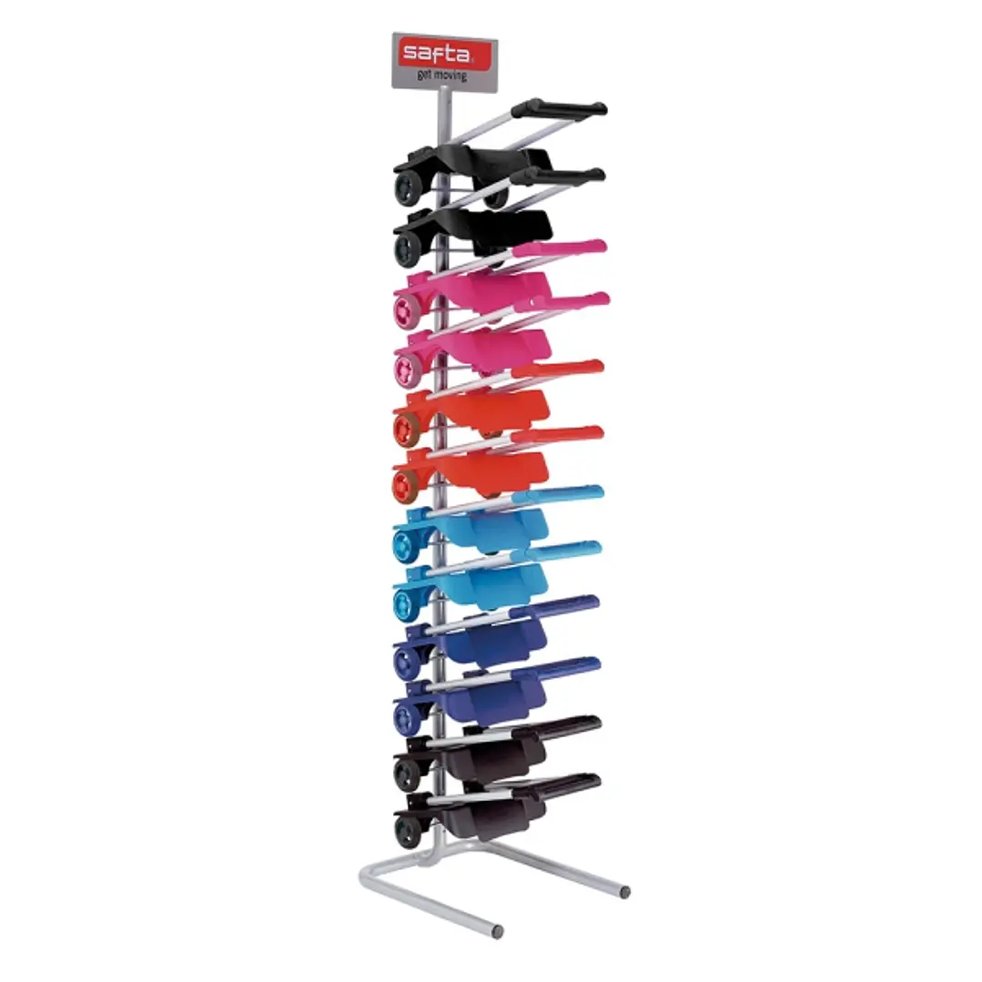 Safta Expositor con 12 Carros Portamochilas - Ruedas Antivibracion - Plegable y Compacto - Sistema Antivuelco - Sujecion Universal - 32x16x44cm - Colo 1