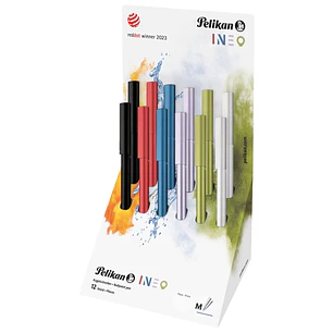 Pelikan Ineo Expositor con 12 Boligrafos Retractiles - Trazo de 1mm - Mecanismo de Giro - Recambio 337M Azul - Aluminio Anodizado Satinado - Colores S