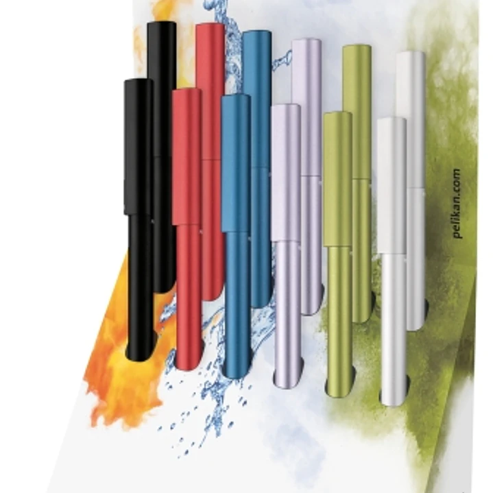 Pelikan Ineo Expositor con 12 Boligrafos Retractiles - Trazo de 1mm - Mecanismo de Giro - Recambio 337M Azul - Aluminio Anodizado Satinado - Colores S 1